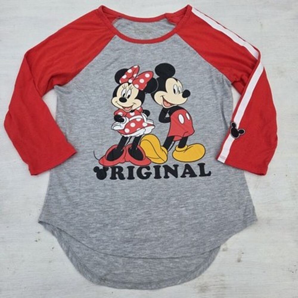 Disney Mickey Minnie Mouse Raglan Baseball Tee 3/4 Sleeve Womens S Gray Red